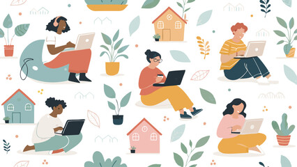 Seamless pattern featuring diverse people collaborating in a work environment, ideal for backgrounds or textures.