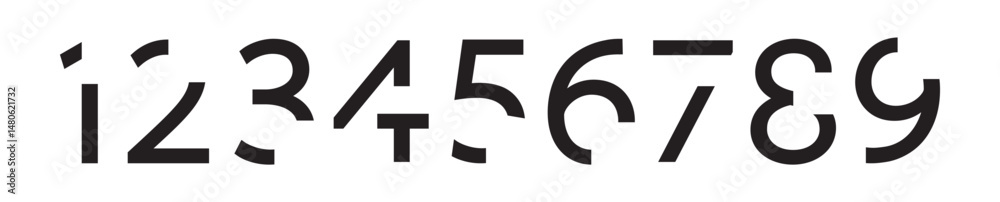 Poster modern minimalist numbers set with unique cut-out style, bold geometric typeface for tech, design, a