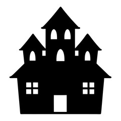 Spooky Halloween Haunted House Silhouette with Eerie Windows and Towering Architecture