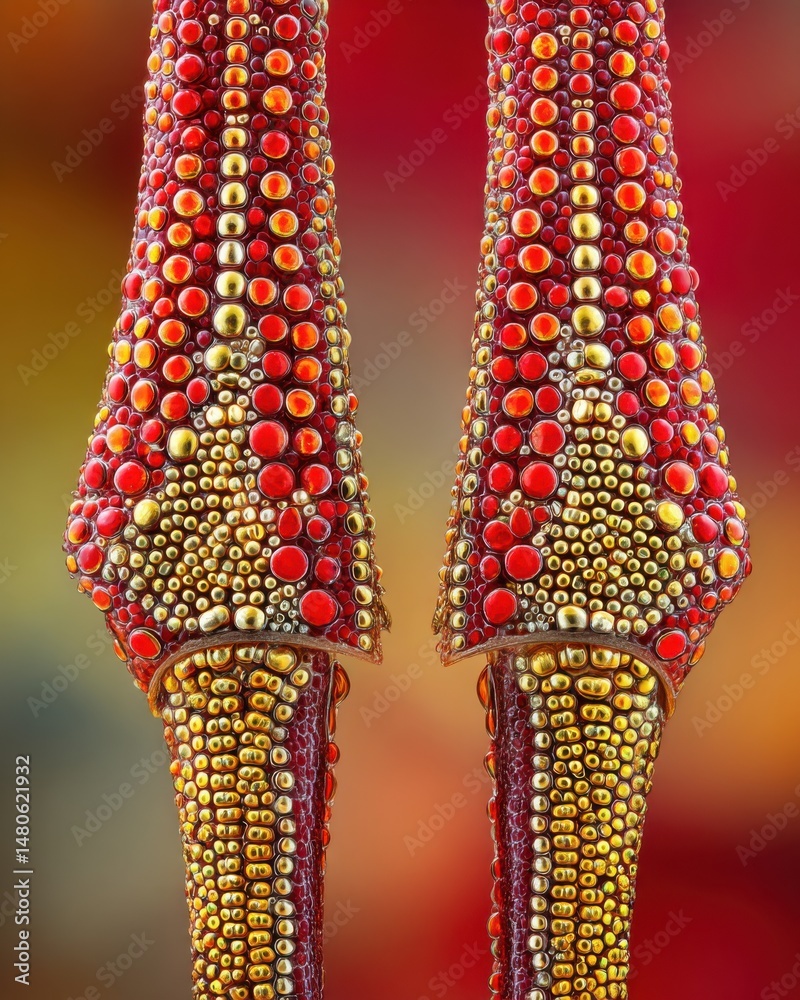 Poster abstract close-up of two red and gold patterned objects with a blurred background studio shot