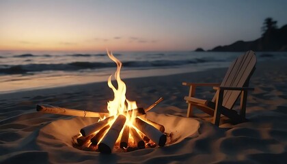 A campfire crackles on a sandy beach at dusk, beside an empty chair near calm ocean waves.