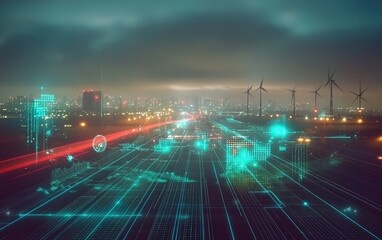 Night city landscape overlaid with futuristic data streams, showing interconnected systems and urban movement.  Digital pathways and energy sources, like wind turbines, are visible