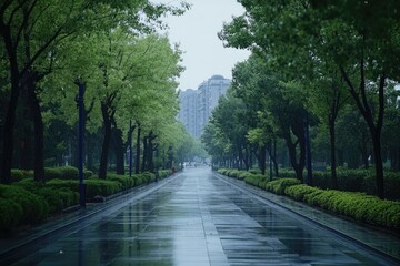 Fototapeta premium Rainy park path lined with trees
