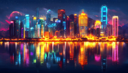 Fototapeta premium Vibrant cityscape at night, reflected in calm water, showcasing illuminated skyscrapers and a starry sky