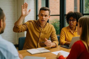 A coworker is being called by the speaker who has their hand raised during the meeting