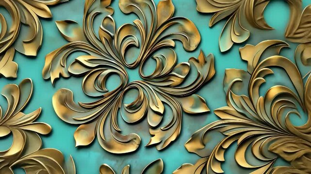 ornate gold floral pattern texture design against teal aged surface, for background or backdrop