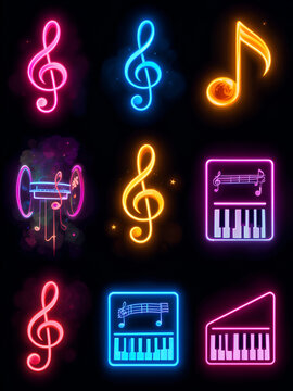 Musical Signs Neon Vector Icons Set. Musical Clef, down beat, sforzando, forte, piano signs.