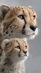 A mother cheetah and her baby gaze towards the camera, their striking green eyes reflecting warmth and connection in a serene setting