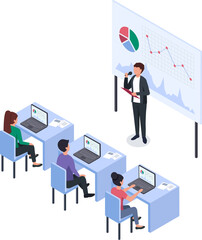 Businessman using microphone giving presentation to office workers sitting at desks analyzing charts on laptops and following the conference, isometric business illustration