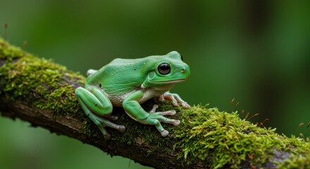 Vibrant Green Tree Frog on Mossy Branch