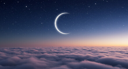 A crescent moon shines brightly above a sea of clouds under a starry night sky at dusk or dawn