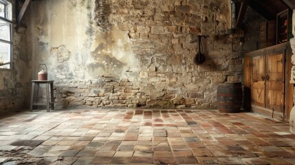 Obraz premium Interior of Rustic Room with Brick Floor, Walls, Cabinet, and Kettle