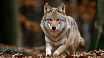 Fototapeta premium A wolf sprints through fallen leaves in a vibrant forest, basking in the soft, warm light of a stunning autumn sunrise