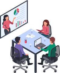 Business team meeting, analyzing financial charts and graphs, discussing data, working together on project strategy, making business decisions, office teamwork concept