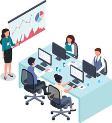 Businesswoman using pointer while giving presentation to office workers sitting at computers with increasing line graph and pie chart displayed on projection screen in isometric vector illustration