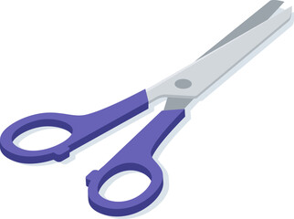 Professional scissors featuring purple handles, slightly open and poised to cut an invisible object, showcase a simple yet elegant design from an isometric perspective