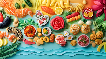 Fototapeta premium Colorful food arrangement on a vibrant background.