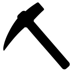 A bold silhouette of a pickaxe, a symbol of mining and labor