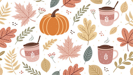 Seamless autumn pattern featuring fall leaves and pumpkins, perfect for seasonal designs and backgrounds.