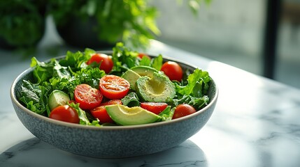 Fresh healthy salad bowl with mixed greens, ripe cherry tomatoes and sliced avocado on marble surface, top view with copy space. Nutritious food concept for diet, vegan lifestyle and clean
