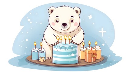 Cute Polar Bear Happy Birthday Card with Cake Illustration for Celebrations