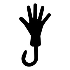 A black silhouette of a hand attached to a hook, stylized art