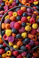 Overhead close up of colorful cereal and fresh berries in a bowl for breakfast or snack food photography