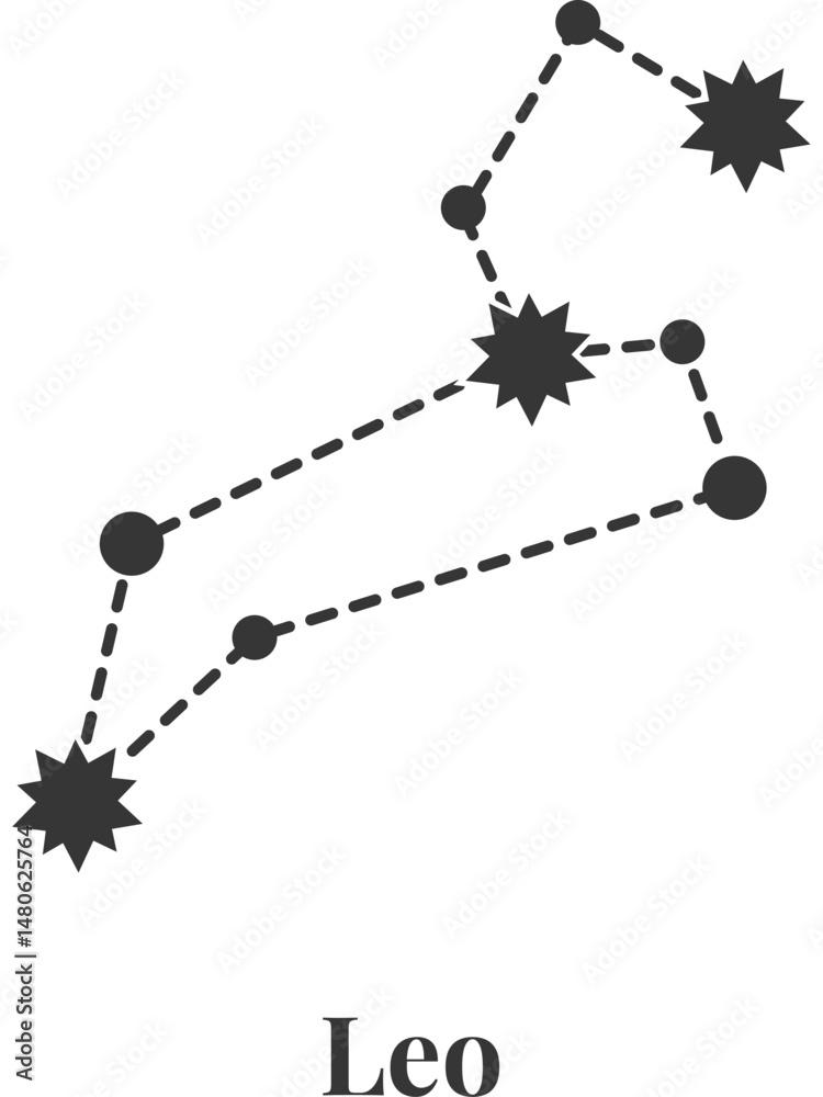 Poster simple leo constellation design featuring connected stars and dashed lines, creating the recognizabl