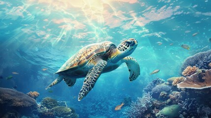 Obraz premium Sea Turtle Swimming over Coral Reef with Sunlight