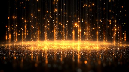 Fototapeta premium Golden particles cascading down a dark surface.