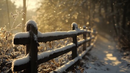 Naklejka premium Snow Covered Wooden Fence in Winter Landscape