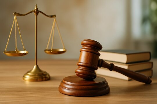 Law books and scales of justice surround a wooden gavel on a lawyer's table, leaving space for text in a banner design layout