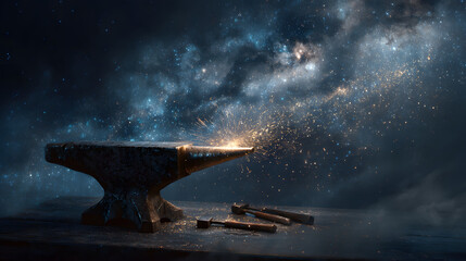 Blacksmith Forging Constellations Celestial Anvil Cosmic Creation Stellar Artistry Mythical Blacksmithing Galaxy Forming Metalwork Fantasy Art
