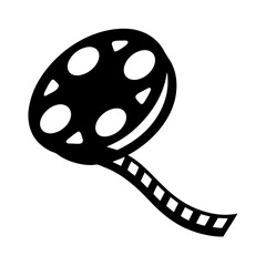 Black and white stylized icon of movie film reel and strip