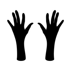 Two black hands silhouetted with fingers spread, reaching up towards the sky