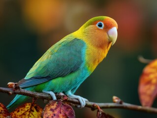 Fototapeta premium Peach faced lovebird perched on branch looking right close up studio shot vibrant colors nature wildlife birdwatching