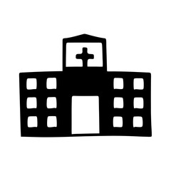 Simple black and white silhouette depiction of a hospital building icon