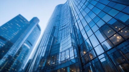 Modern central bank building with glass facade reflecting blue sky in financial district. Contemporary architecture, banking industry, economic power and financial stability concepts.
