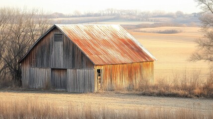 Obraz premium Wooden Barn with Rusty Roof in Field