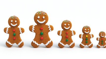 Fototapeta premium Five gingerbread men cookies of different sizes standing in a row