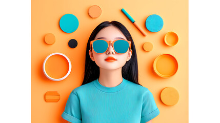 Young Woman Wearing Teal Sunglasses Surrounded by Orange and Teal Circles on Orange Background