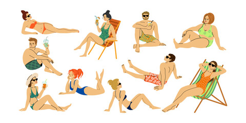 Set of Sunbathing People Isolated On White Background