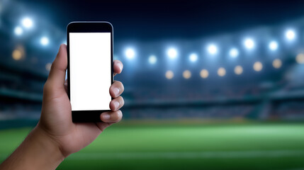 Hand holding a smartphone with a blank screen in a brightly lit sports stadium at night.