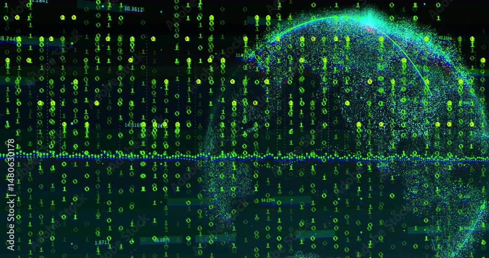 Poster binary code columns streaming down dark background, data points moving across middle, globe forming