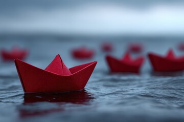 Riga, Latvia 2025-04-25 A group of red paper boats floating on top of a body of water