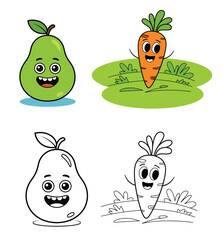 Cute Cartoon Pear and Carrot Characters for Kids &ndash; Coloring and Educational Materials


