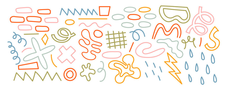 Hand drawn naive, bizarre abstract geometric shapes and forms. Modern contemporary figures, various organic shapes and doodle objects, vector graphic elements