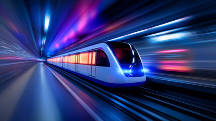 Futuristic high-speed train moving through a tunnel with vibrant blue and purple motion blur effects.
