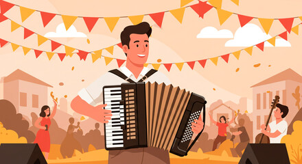A musician plays the accordion at an outdoor event with festive bunting.  People celebrate with music and joy in the background.
