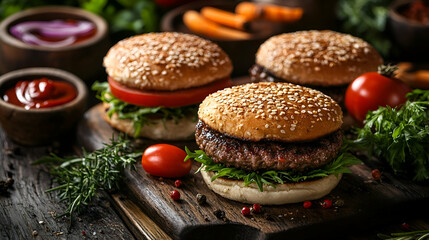 Three gourmet burgers displayed on a rustic cutting board.